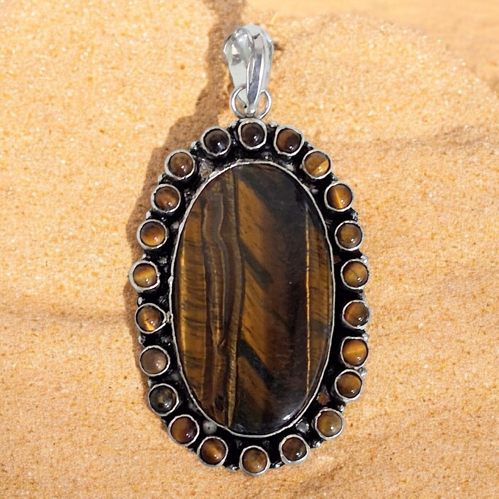 TIGERS EYE STATEMENT PENDANT SILVER PLATED